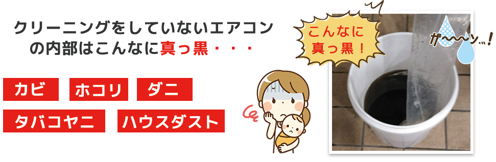 クリーニングをしていないエアコンの内部はこんなに真っ黒。カビ・ホコリ・ダニ・タバコヤニ・ハウスダスト